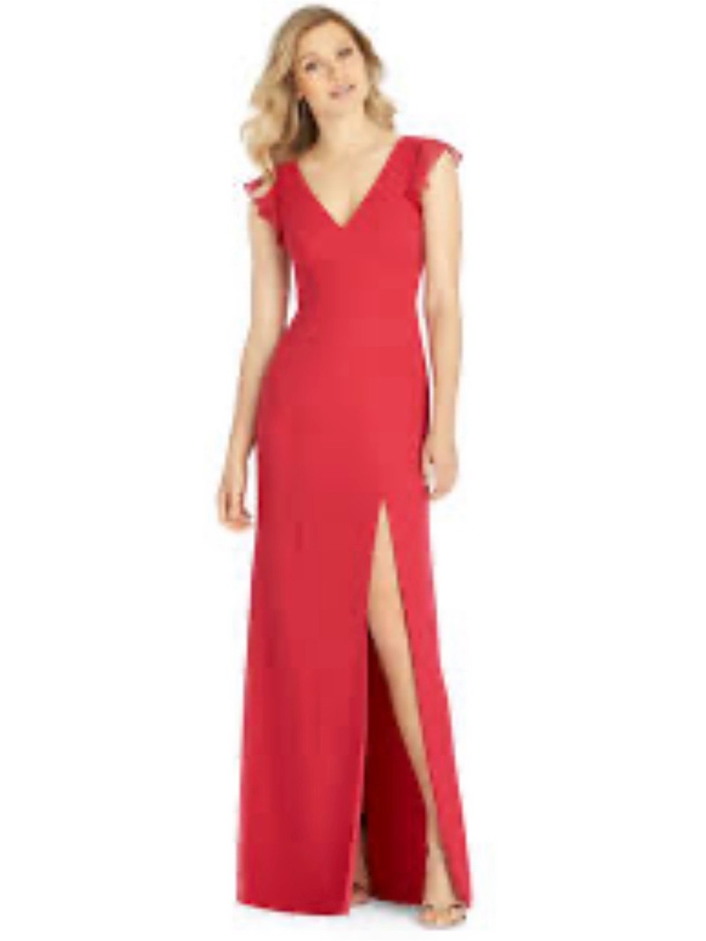 After Six Coral V-Neck Cap Sleeve Evening Gown with Front Slit Size 8 Wedding